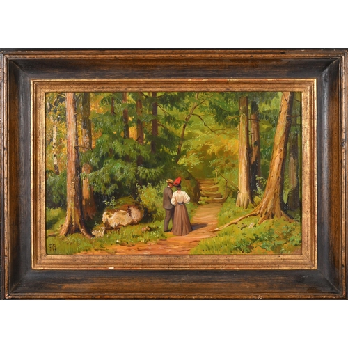 217 - Fritz Bayerlein (1872-1955) German. A Courting Couple on a Wooded Path, Oil on panel, Signed with in... 