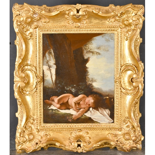 23 - 18th Century Italian School. A Sleeping Cherub, Oil on canvas, in a carved giltwood frame, 16.5