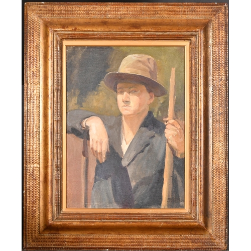 231 - F G Bond (20th Century) British. Study of a Man Wearing a Hat and Holding a Staff, Oil on artist's b... 