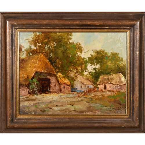 246 - 20th Century European School. Study of Farm Buildings, Oil on board, Indistinctly signed, 8.5