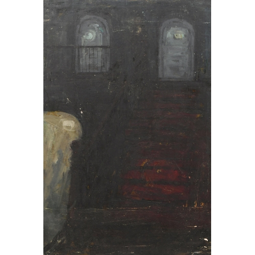 261 - Margaret Green (1925-2003) British. The Staircase, Oil on canvas laid down, unframed 30