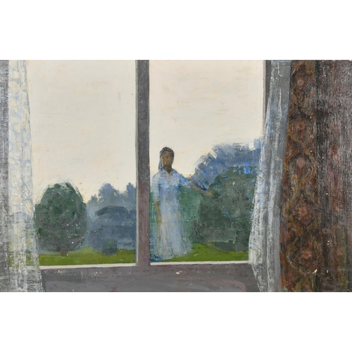 263 - Margaret Green (1925-2003) British. Through the Window, Oil on canvas laid down, Dated Sept 1957 ver... 