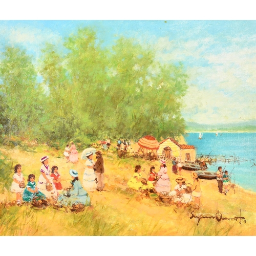 277 - Suzanne Demarest (1900-1985) American. A Beach Scene with figures, Oil on canvas, Signed, 17.5