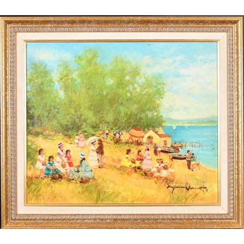 277 - Suzanne Demarest (1900-1985) American. A Beach Scene with figures, Oil on canvas, Signed, 17.5