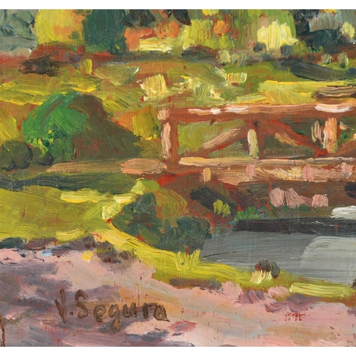 286 - Vincente Segura (1930-2015) Spanish. 'Retiro Park Madrid'. Oil on panel, Signed, unframed, 11.75