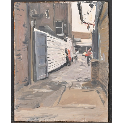 299 - Howard Morgan (1949-2020) British. 'A Chelsea Car Lot', with figures in an alley, Oil on board, unfr... 