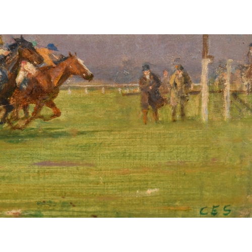 42 - Charles Edward Stewart (1866-1942) British. A Racing Scene, Oil on canvas laid down, Signed with ini... 