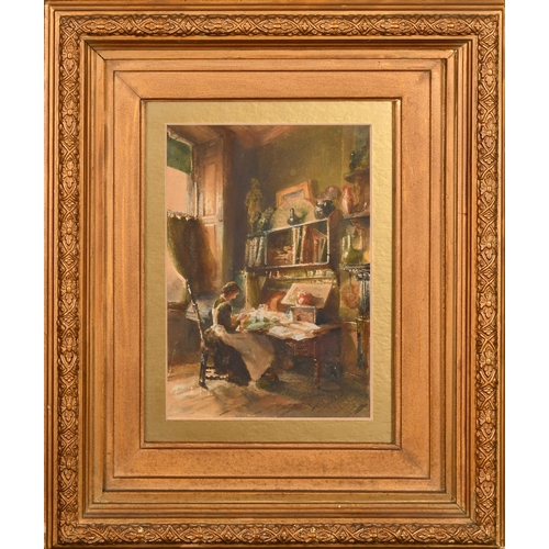 73 - Jessie Frier (exh.1880-1912) British. A Lady in an Interior, Watercolour, Signed and dated 1886, 8.2... 