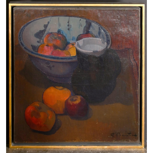 107 - Georges Alfred Chaudet (1870-1899) French. Still Life with Jug and Fruit, Oil on canvas, Signed, 18.... 