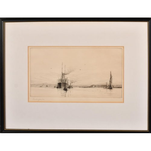 128 - Harold Wyllie (1880-1973) British. A Steamship and Tug with other Shipping, Etching, Signed in penci... 