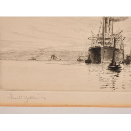 128 - Harold Wyllie (1880-1973) British. A Steamship and Tug with other Shipping, Etching, Signed in penci... 