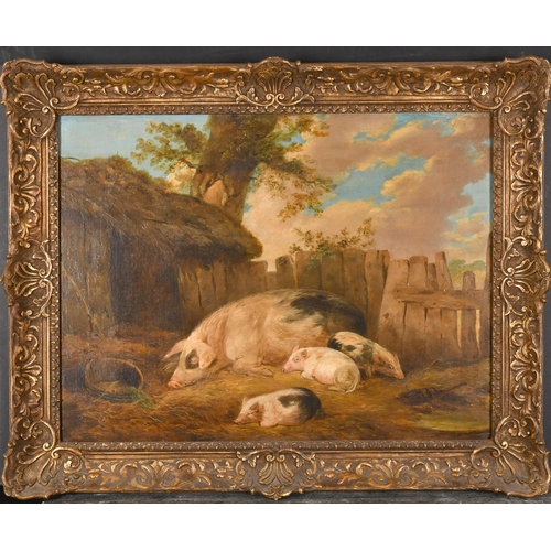 21 - After George Morland (1763-1804) British. 'Sow with Piglets by Rustic Pigsty', Oil on canvas, Bears ... 