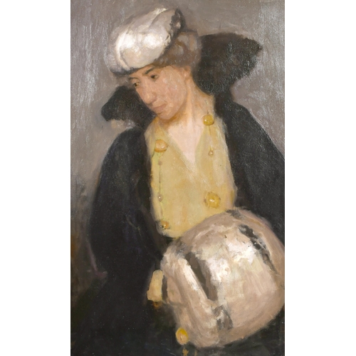 249 - Early 20th Century English School. Lady with a Muff, Oil on canvas, unframed 30.5