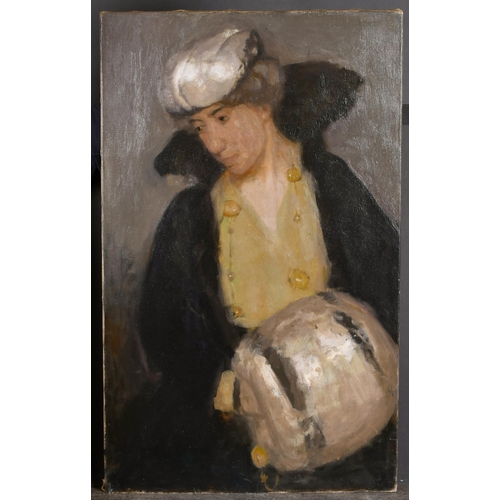 249 - Early 20th Century English School. Lady with a Muff, Oil on canvas, unframed 30.5