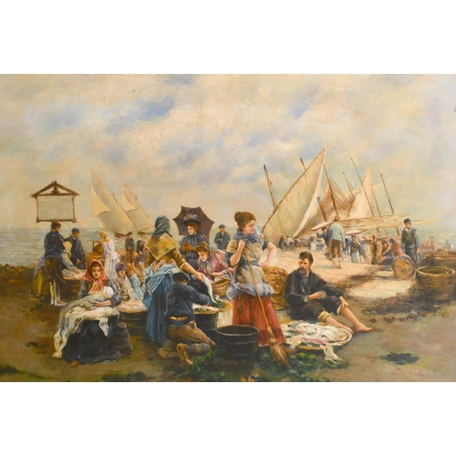 271 - 20th Century European School. Figures Unloading the Catch, Oil on canvas, 24