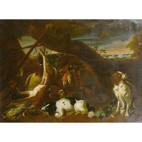 31 - Manner of Niccolo Cassana (1659-1714) Italian. A Study of Dogs with Game, Oil on canvas, 30