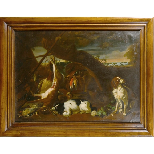 31 - Manner of Niccolo Cassana (1659-1714) Italian. A Study of Dogs with Game, Oil on canvas, 30