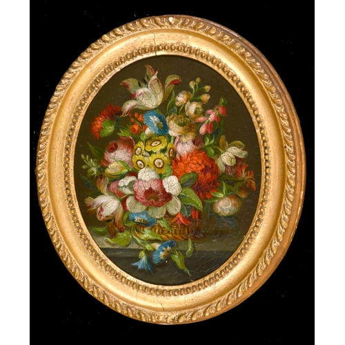 33 - Early 19th Century English School. A Pair of Still Life with flowers in wicker baskets, Oil on coppe... 