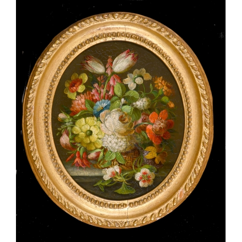 33 - Early 19th Century English School. A Pair of Still Life with flowers in wicker baskets, Oil on coppe... 