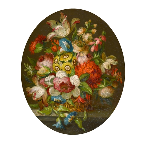 33 - Early 19th Century English School. A Pair of Still Life with flowers in wicker baskets, Oil on coppe... 