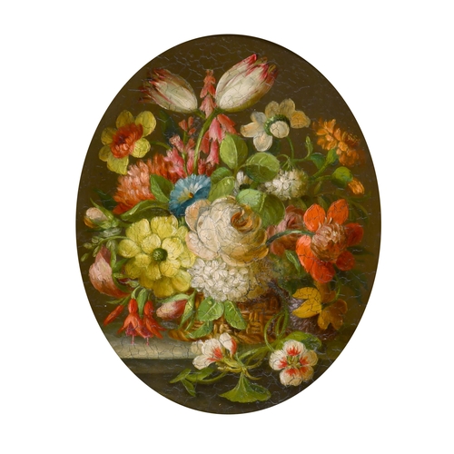 33 - Early 19th Century English School. A Pair of Still Life with flowers in wicker baskets, Oil on coppe... 