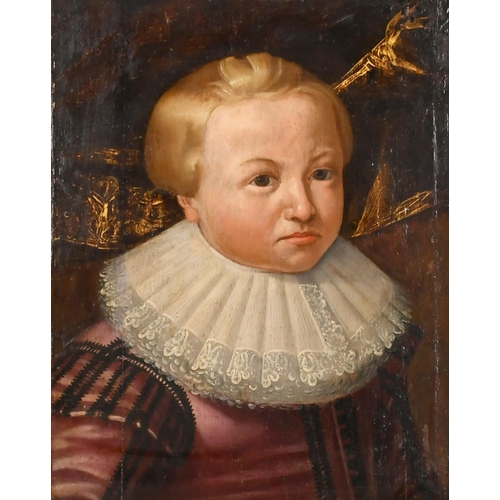 42 - 17th Century English School. Portrait of a Boy in a Ruff, Oil on panel, In fine gilt composition fra... 