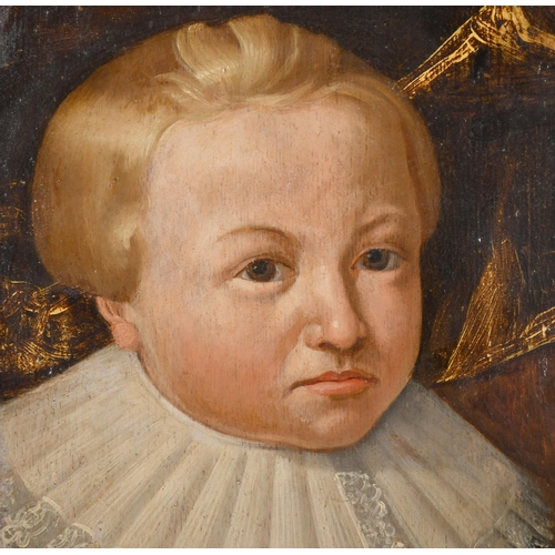 42 - 17th Century English School. Portrait of a Boy in a Ruff, Oil on panel, In fine gilt composition fra... 