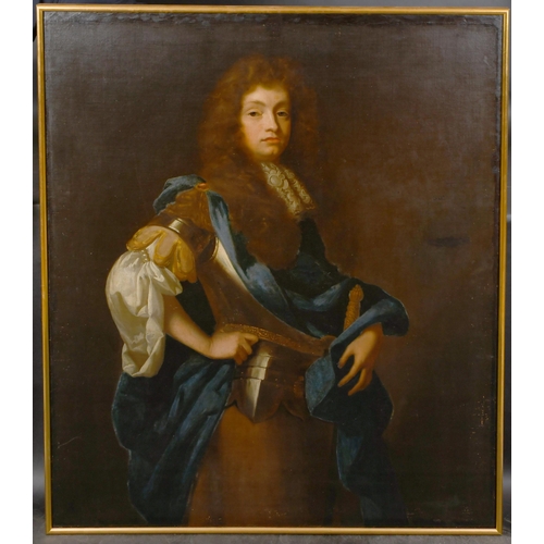 44 - 18th Century English School. Three Quarter Length Portrait of a Man in Armour, Oil on canvas, 50