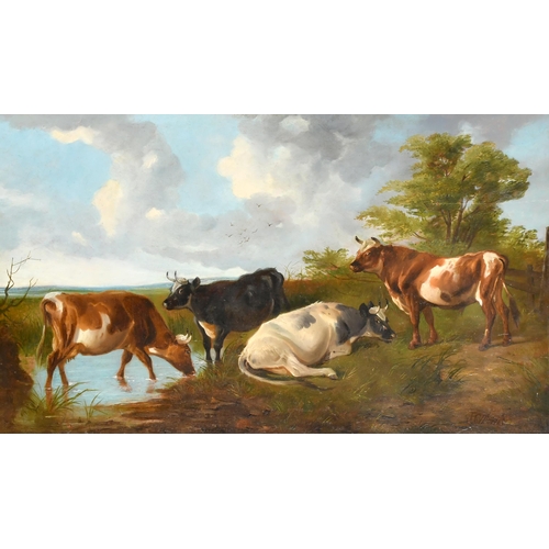 75 - Circle of James Charles Morris (act.1851-1889) British. Cattle Watering, Oil on panel, Bears a signa... 