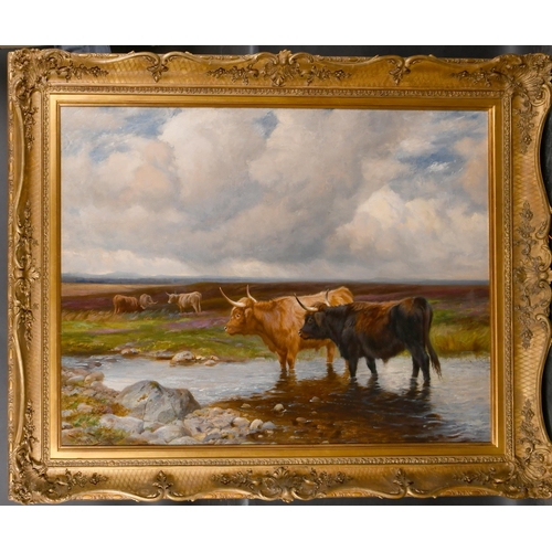 83 - John Wright Barker (1864-1941) British. Highland Cattle on the Moors, Oil on canvas, Signed, 44