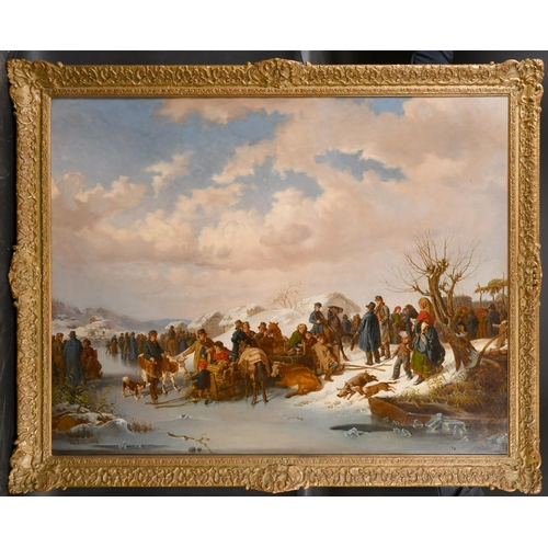 101 - Kilian Zoll (1818-1860) Swedish. 'Villagers Gathering, Winter, 1855', Oil on canvas, Signed and date... 