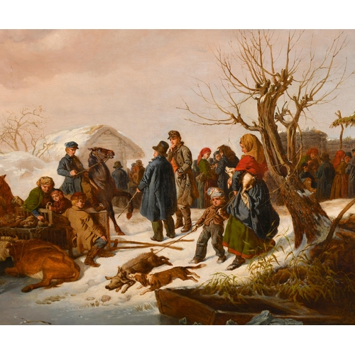 101 - Kilian Zoll (1818-1860) Swedish. 'Villagers Gathering, Winter, 1855', Oil on canvas, Signed and date... 