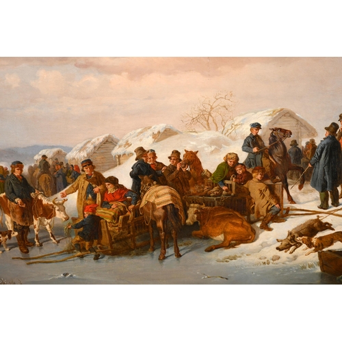 101 - Kilian Zoll (1818-1860) Swedish. 'Villagers Gathering, Winter, 1855', Oil on canvas, Signed and date... 