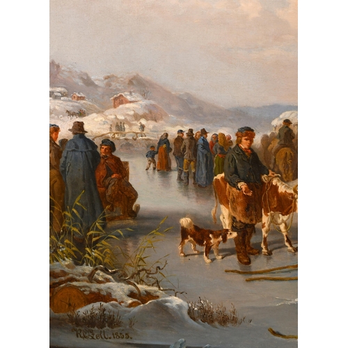 101 - Kilian Zoll (1818-1860) Swedish. 'Villagers Gathering, Winter, 1855', Oil on canvas, Signed and date... 