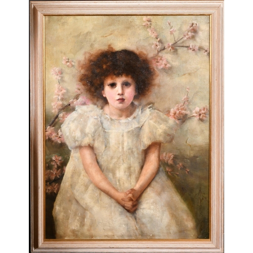 112 - CAM (19th-20th Century) British. A Seated Girl by Apple Blossom, Oil on canvas, Signed with monogram... 