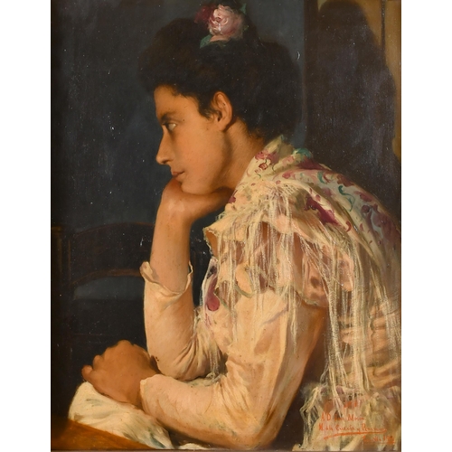 113 - Manuel de la Cuesta y Ramos (19th-20th Century) Spanish. Pensive Thoughts, Oil on panel, Signed and ... 