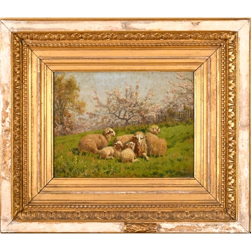 122 - William Baptiste Baird (1847-1917) American. Sheep Resting under Blossom Trees, Oil on panel, Signed... 