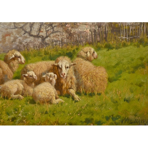 122 - William Baptiste Baird (1847-1917) American. Sheep Resting under Blossom Trees, Oil on panel, Signed... 