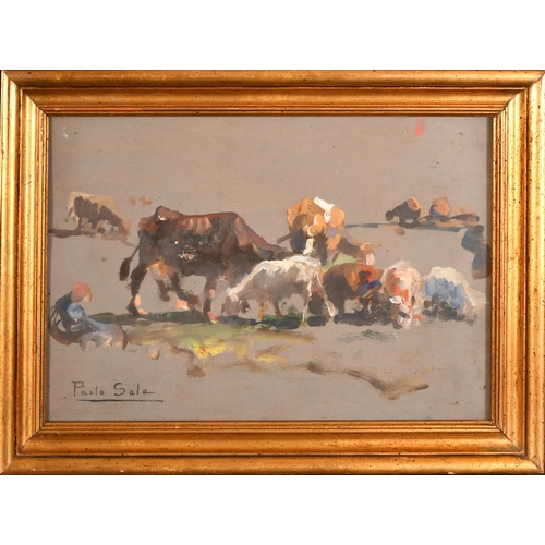 123 - Paolo Sala (1859-1924) Italian. A Figure with Cattle, Oil on board, Signed, 7.5' x 11' (19.1 x 27.9c... 