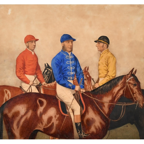 128 - Joshua Dighton (1831-1908) British. 'Portraits of Three Derby Winners with Jockeys Up', Watercolour,... 