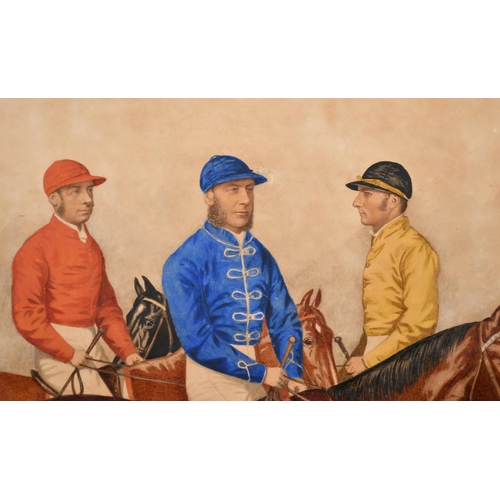 128 - Joshua Dighton (1831-1908) British. 'Portraits of Three Derby Winners with Jockeys Up', Watercolour,... 