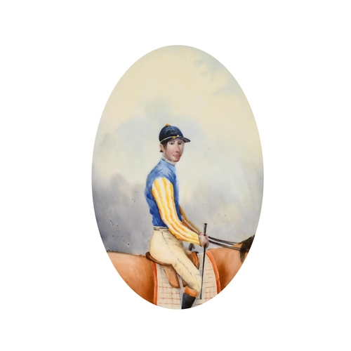 129 - Joshua Dighton (1831-1908) British. Portrait of a Jockey Up, Watercolour, Oval, in a maple frame, 5.... 