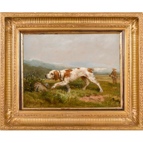 143 - Theodore Levigne (1848-1912) French. A Pointer and Gun beyond, Oil on panel, Signed, 10.5' x 13.75' ... 