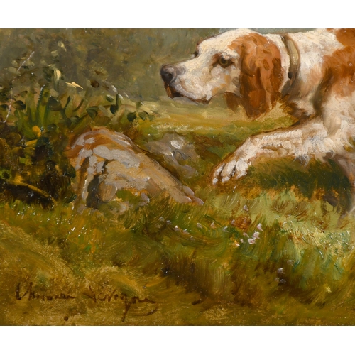 143 - Theodore Levigne (1848-1912) French. A Pointer and Gun beyond, Oil on panel, Signed, 10.5' x 13.75' ... 