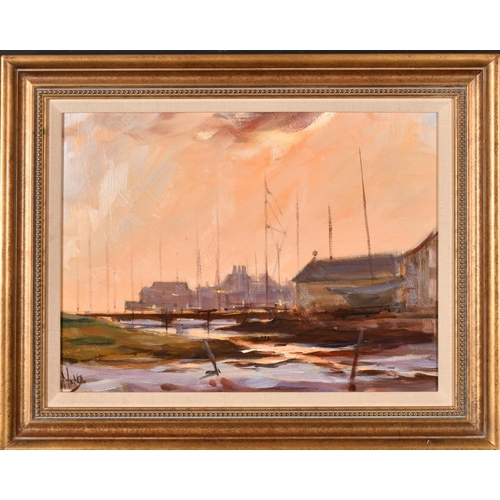 299 - Myles Mence (1954-) British. 'Midsummer Dawn, Yarmouth', Oil on board, Signed, and inscribed and dat... 