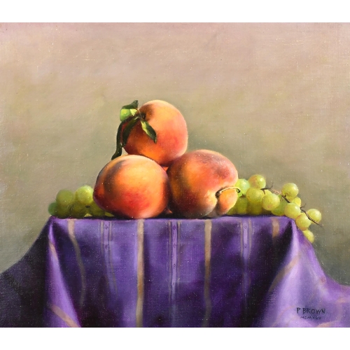 300 - Paul Brown (1967-) British. Peaches and Grapes on a Table, Oil on artist's board, Signed and dated M... 