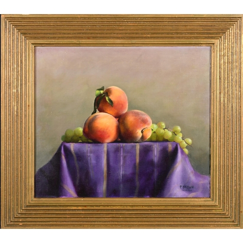 300 - Paul Brown (1967-) British. Peaches and Grapes on a Table, Oil on artist's board, Signed and dated M... 