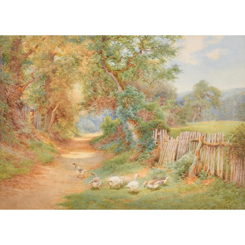 77 - Charles James Adams (1859-1931) British. Geese in a Country Lane, Watercolour, Signed, 10.5' x 14.75... 