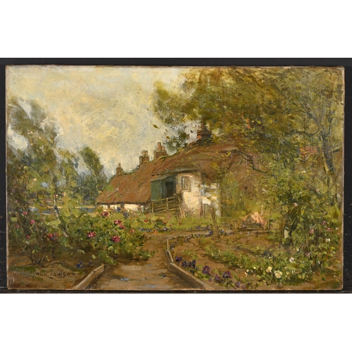 91 - John Lawson (1868-1909) British. A Cottage Garden, Oil on canvas, Signed, unframed 12' x 18' (30.5 x... 