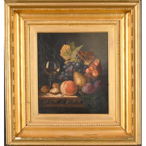 97 - Ellen Ladell (1853-c.1928) British. Still Life of Fruit in a Basket with Nuts and a Glass on a Ledge... 